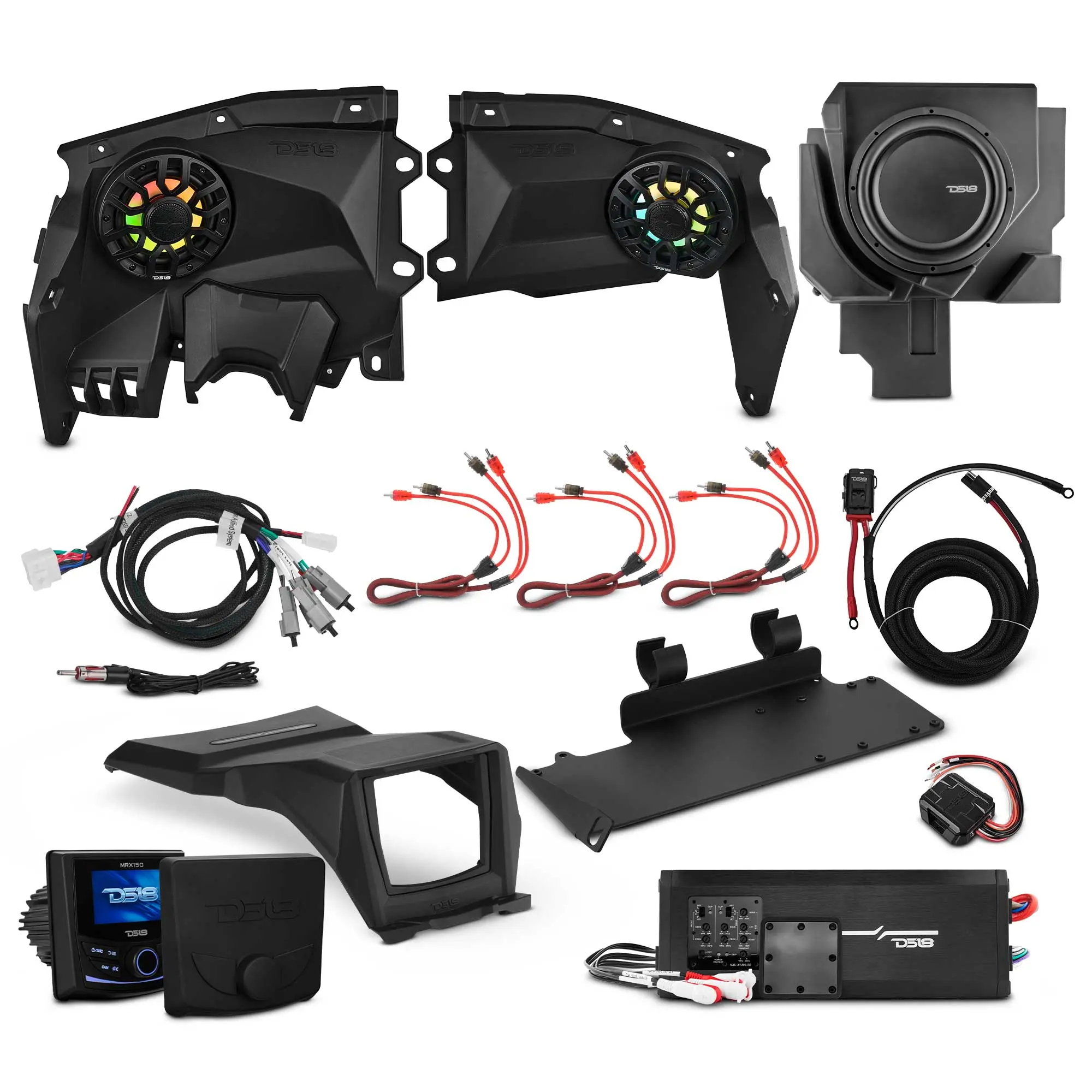 Can-Am Maverick X3 Stage 3 Car Audio System Kit - Waterproof Dash Speaker Panels, 12” Subwoofer, Amplifier, Bluetooth Radio, LED Lights for Car Audio Upgrade