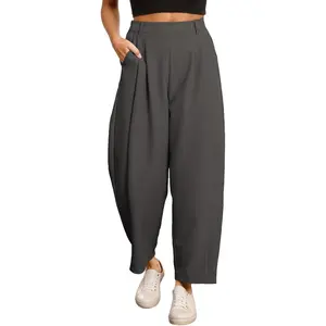 Women'sStretchyBasicsElasticHighWaistedWideLegBarrelPants-SidePocketPalazzoTrousersforBusinessandLeisureWomenswearBottom