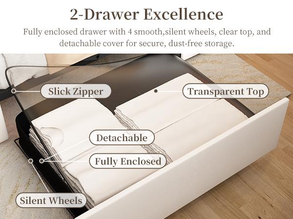 Queen Size Upholstered LED Bed Frame with Smart LED Lights,Storage Drawers &Crystal Tufted Headboard, Noise-Free, No Box Spring Needed,PU White