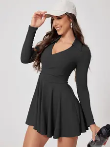 Women's Golf Tennis Dress Polo Collar Long Sleeve A-Line Mini Exercise Athletic Dresses With Pockets Shorts 2 Piece Sets Outfits Clothes