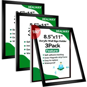 8.5" x 11"  Sign Holder Wall Mount, Plastic  Display Frame With Tape,Clear Plexiglass Self-adhesive Plastic Display Frame, Door/Window Sign Holder 3 pack No Drilling