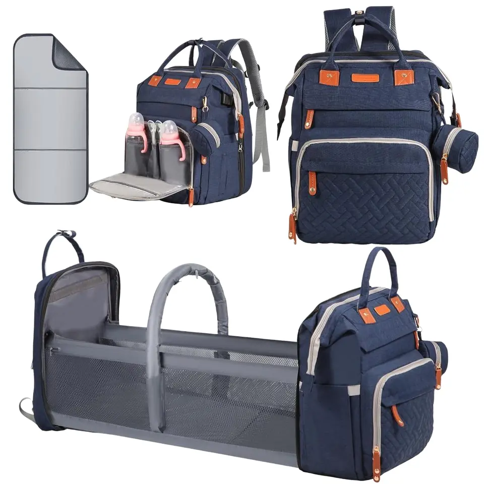 Diaper Bag Backpack with Foldable Changing Station, Portable Travel Baby Bag with 19 Pockets, USB Port, 2 Insulated Bottle Holders, Stroller Straps, Waterproof Nursery Bag for Moms and Dads