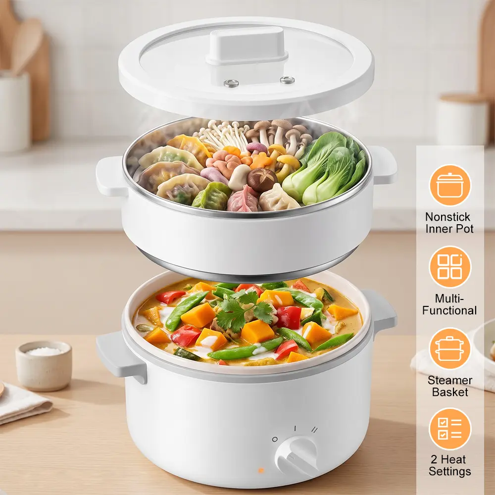 Multi-functional Electric Hot Pot, Non-Stick Ceramic Inner Pot with 2 Heat Settings, Portable Mini Electric Cooker, Optional Steamer