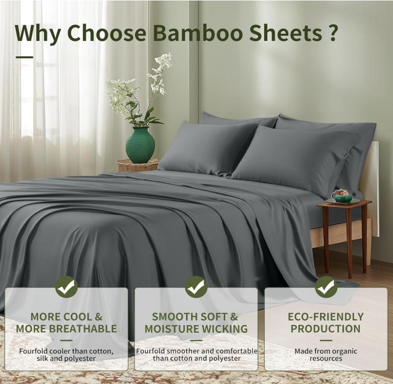 Sonoro Kate Bamboo Blend Bed Sheet Set, 4/6 Piece Set, Cooling, Silky Soft & Breathable Sheets with Deep Pockets, Machine Washable