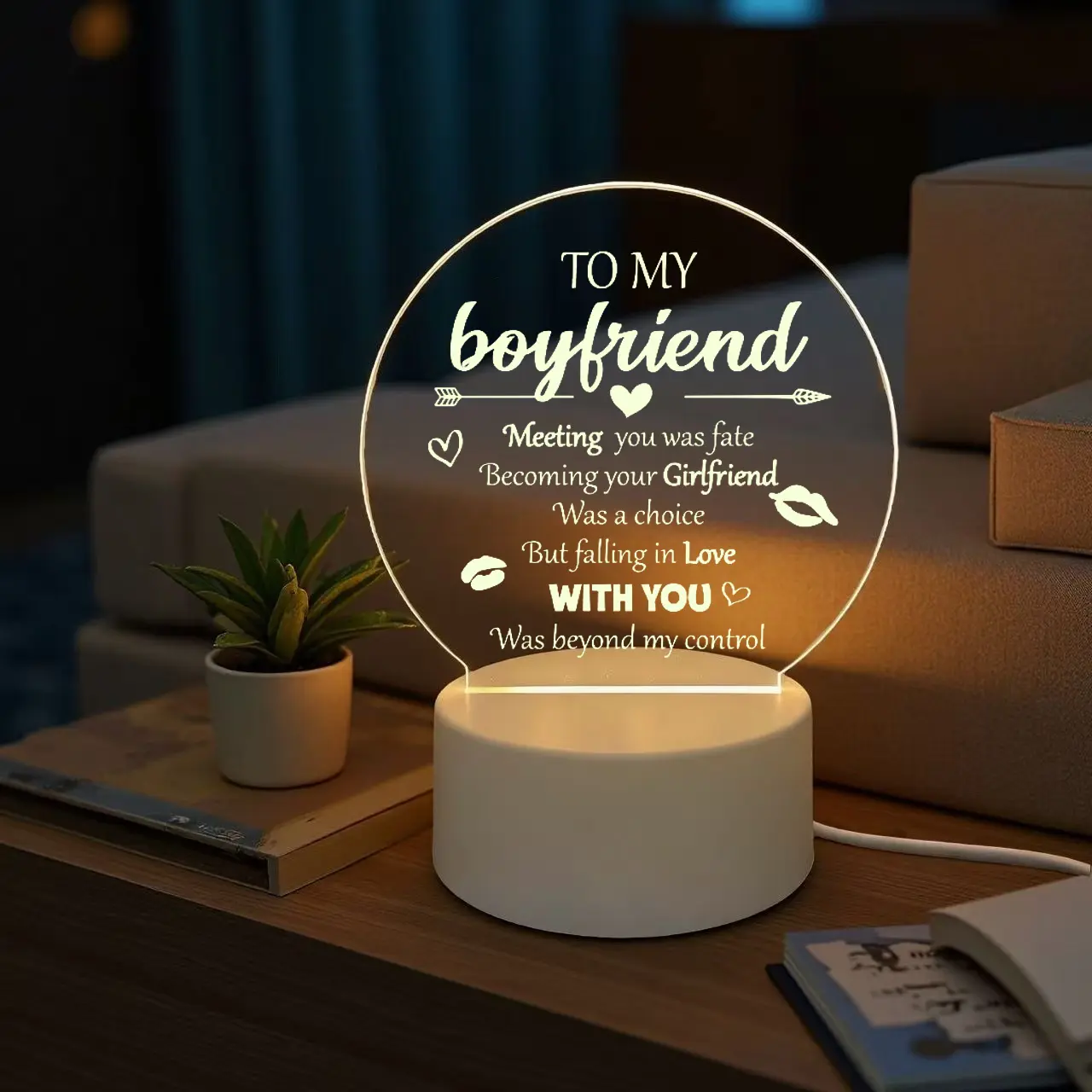 Boyfriend Gifts for Valentine's Day Birthday Anniversary Christmas, Engraved Round Acrylic Night Light Sentimental Romantic Keepsake Present for Him from Girlfriend