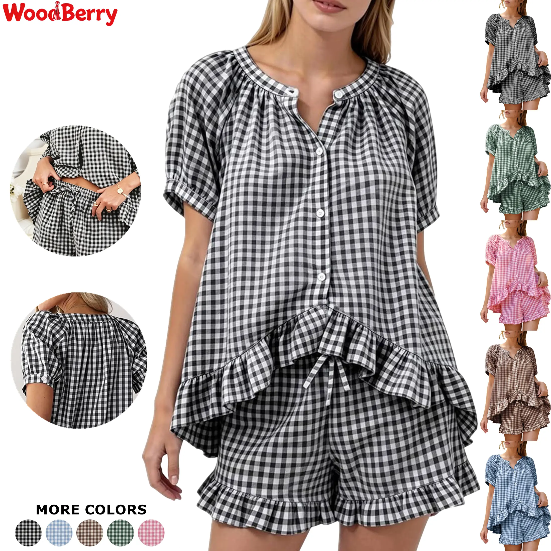 WoodBerry Women's PJ Sets, 2-Piece Gingham Pajamas, 100% Cotton Ruffle Babydoll Top & Shorts Loungewear with Pockets, Pj Sets For Women, Shortsleeve, Gingham Style, Nightwear, Bridal, Above The Knee, Chic, Elegant, Plaid, Travel, Lady, Do Not Bleach