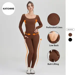 KatchMe Women's Workout Solid Color Perforated Lines Low Back Shaping Jumpsuit, Minimalist Thumb Holes Sport & Outdoor Clothing, Lifting Design Stretchy Shapewear
