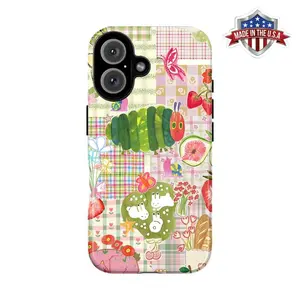 CaseTry Cute Caterpillar and Fruit Collage Phone Case – Pastel Plaid Background with Strawberries, Flowers, Bread, and Whimsical Animals – Colorful Vintage Aesthetic – Fits iPhone 7 to 17 Pro Max, Samsung Galaxy S21 to S24