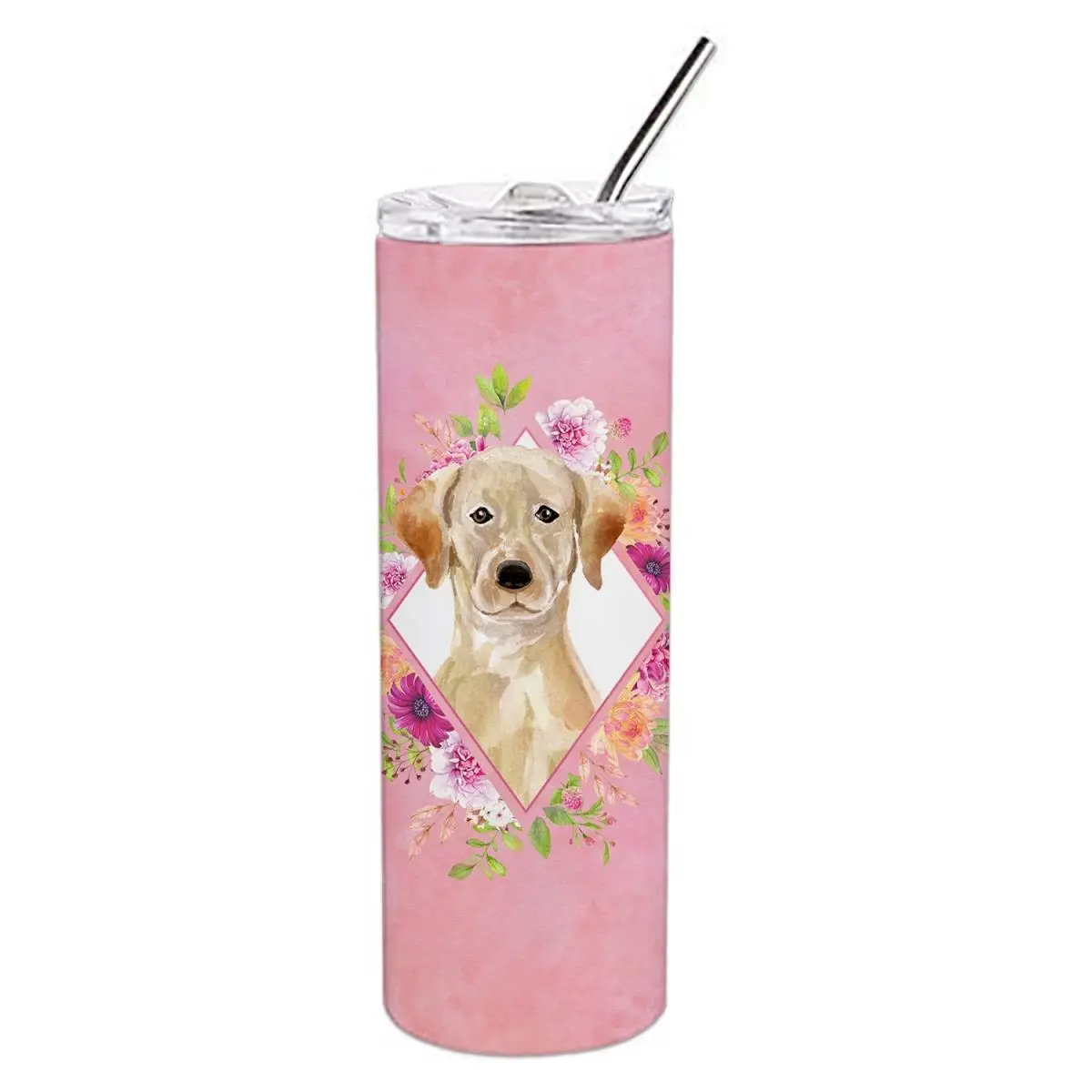 Carolines Treasures CK4227TBL20 20 oz Yellow Lab Pink Flowers Double Walled Stainless Steel Skinny Tumbler