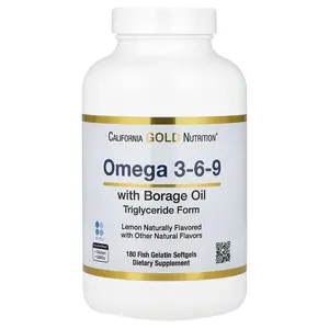 California Gold Nutrition Omega 3-6-9s, with Omega-3 Fish Oil and Borage Seed Oil, EPA, DHA, GLA, and Linoleic Acid, Natural Lemon, 180 Fish Gelatin Softgels