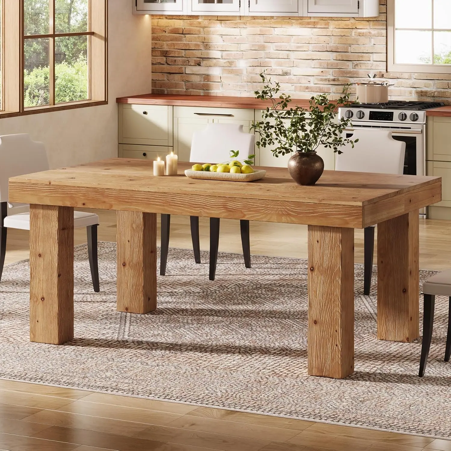 TRIBEWOOD 63-in Light-Brown Farmhouse Solid Wood Dining Table, Rectangular Heavy-Duty Kitchen Table with Chunky Support Legs, Seats 4-6 for Dining Room Use