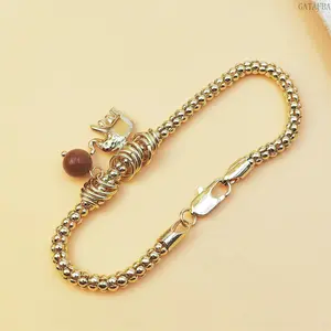 14K Gold‑Plated Beaded Chain Bracelet with Lucky Elephant Charm & Sunstone Pendant, Adjustable Lobster Clasp Good Luck Statement Jewelry, Dainty Women’s Wrist Accessory for Daily Wear & Meaningful Gifts