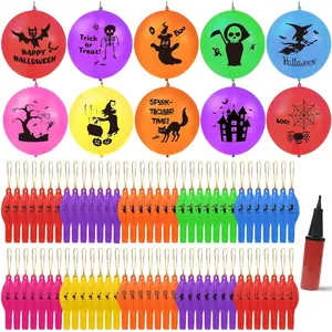 100 Pcs Halloween Punch Balloons Thickened Punching Balloon Heavy Duty Party Favors with Rubber Band Handle and Air Pump for Birthday Goodie Bag Stuffer Supply (Halloween Pattern)