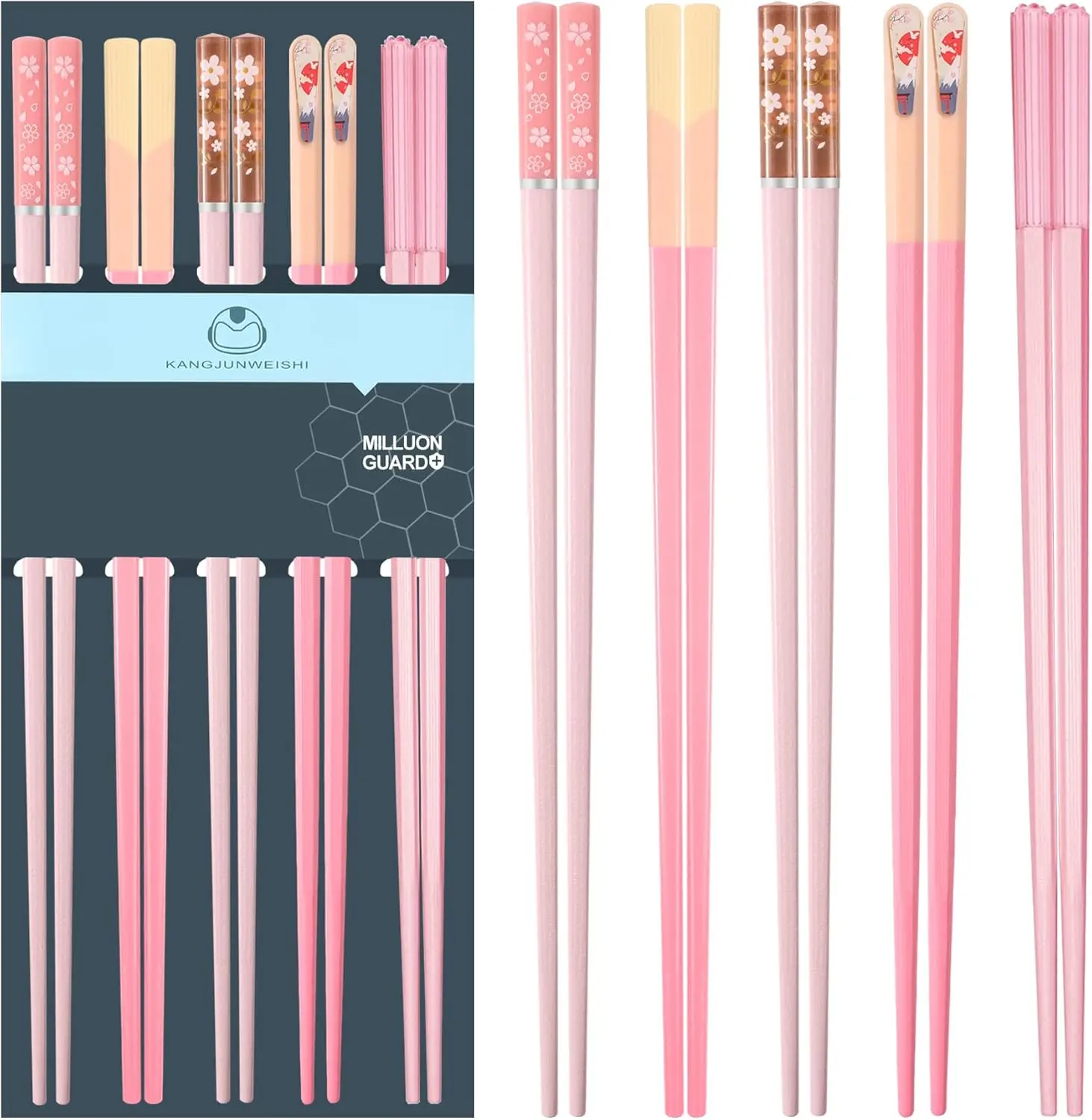 Morandi Pink Fiberglass Chopsticks Set (5 Pairs) - 9.57 in, Non-Slip, Lightweight, No Coating, Dishwasher Safe Kitchen Cutlery, Tableware with Different Designs for Family Use