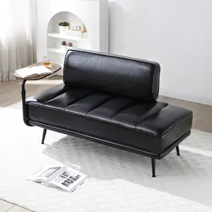 55"Inch Width Modern End of Bed Bench,Black Faux Leather Upholstered With side table, 360-degree Swivel tray couch,Entryway Ottoman,Window Bench with  Metal Legs for Bedroom, Living Room