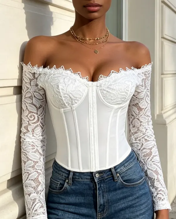 Off Shoulder Boxy Corset Long Sleeve Top Lace Splice Slim Bustier