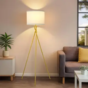 Gold Tripod Floor Lamp, 61"Tall Floor Lamps, Standing Lamp with Rotary Switch, Modern Floor Lamp Simple Design with White Shade, Floor Lamps for Living Room, Bedroom, Office, Without Bulb