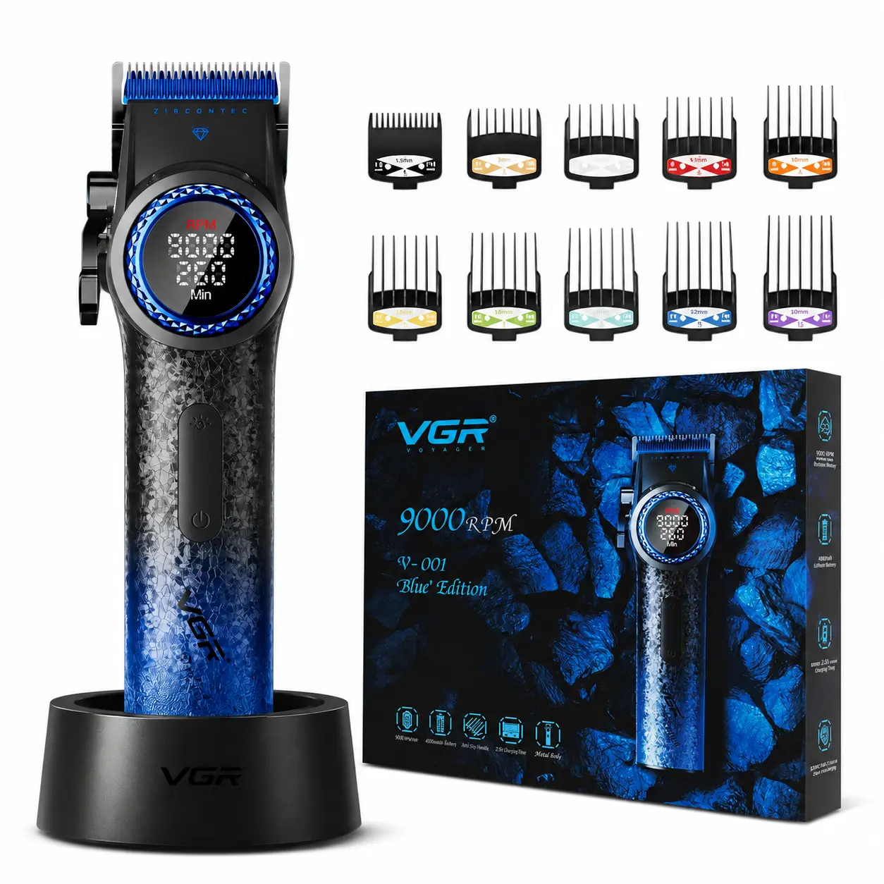 VGR 001 Blue Edition Professional Cordless Barber Clipper-9000 RPM BLDC Motor, DLC Blade Hair Trimmers for Barbers, LED Display,  3 in 1 Integrated Charging Station, Storage Box,Gift for Men#SummerWins #DealsForYouDays