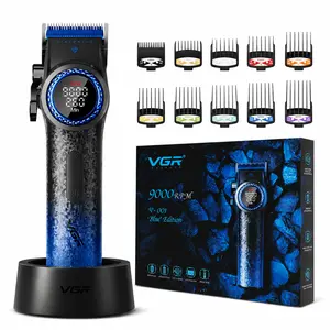 VGR PRO 001 Blue Edition Professional Cordless Barber Clipper-9000 RPM BLDC Motor, DLC Blade Hair Trimmers for Barbers, LED Display,  3 in 1 Integrated Charging Station, Storage Box,Gift for Men