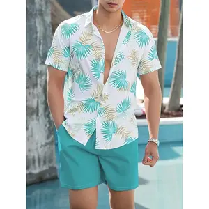 [2-piece Leaf Print Button-down Suit] Men's, Casual Leaf Print Lapel Button-down Shirt And Shorts 2-piece Suit For Summer Outdoor Activities