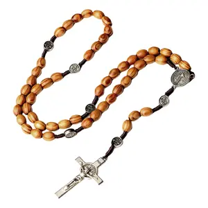 Wood Beads Chain Rosary Necklace with Crosses Pendant for Religious Ceremonies