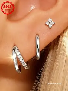 Trendy S925 Sterling Silver Double Layer Circle Earrings Set, Simple Four Leaf Clover Studs, Women's Stackable Ear Jewelry