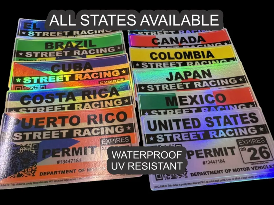 Street Racing Permit Sticker Decal 2026, All States, Puerto Rico, Cuba, Brazil, Canada, Mexico, Japan, El Salvador, Costa Rica