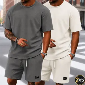 Men’s lightweight waffle athletic two-piece set: crewneck T-shirt and drawstring shorts, loungewear street style Breathable Casual Clothes Fabric Menswear Elastic Matching Suits Top Formal Gamis