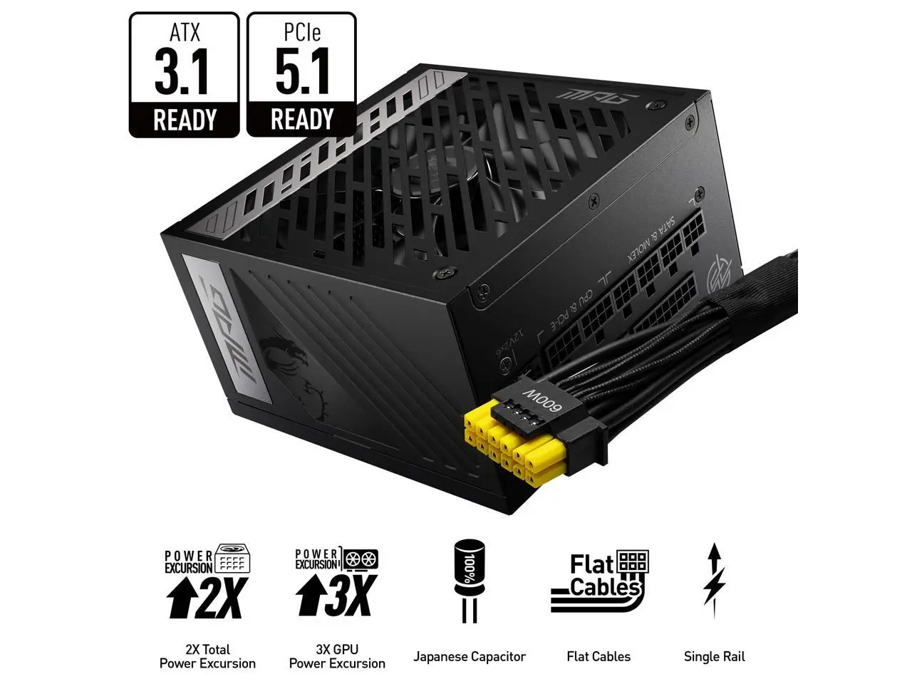 MSI - MPG A850G PCIE5, 80+ GOLD Full Modular Gaming PSU, 12V-2x6 Cable, 5080 5070 ATX 3.1 & PCIE 5.1 Ready, 850W Power Supply, 10 Year Warranty