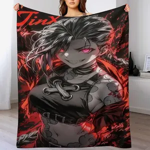 "Arcane" Jinx Red & Black Grin Throw Blanket — Jinx Dark Aesthetic Comfort Blanket, The Nightmare of Piltover, Gamer Room Decor