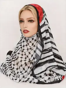 Retro black and white checkered ethnic headscarf with Palestinian elements printed scarf, versatile outdoor sun-shading shawl