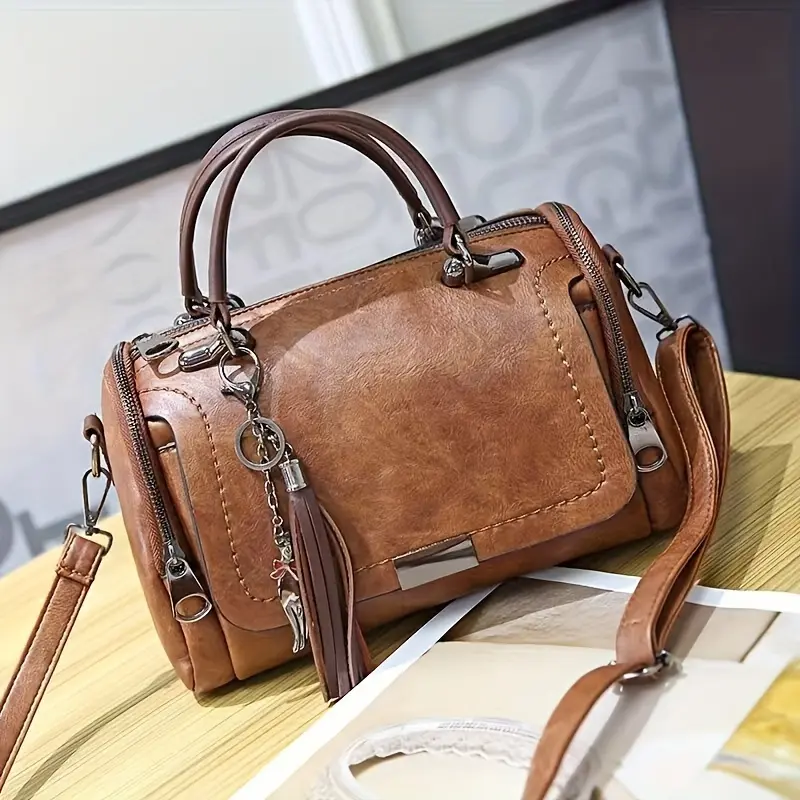 Women's Boston Daily Embellished Shoulder Bag - Vintage Detachable Crossbody Strap, Tassel Charm, Multiple Compartments for Commute & Casual Outings, Leather Satchel, Fashionable Purses, Stylish Chain Handbags for Women, Elegant Bags