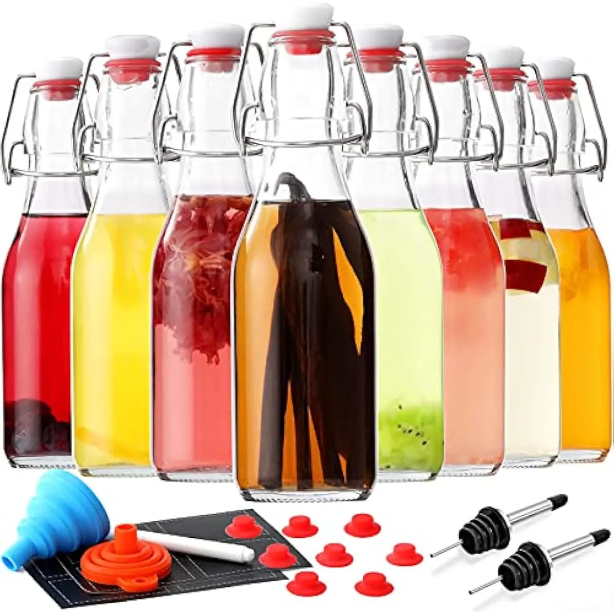 8-Pack 8.5oz Heavy-Duty Reusable Glass Storage Bottles with Flip-Top Airtight Seal Stoppers, Fermentation Containers for Homebrewers’ Kitchen Food & Beverage Use + Bonus 2 Pourers, Dishwasher Safe