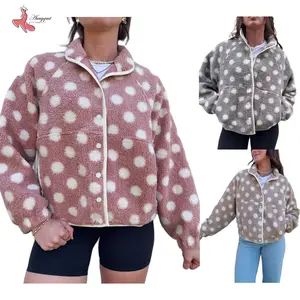 Womens Fall Winter Fleece Jacket Dot Pattern Long Sleeve Lapel Button Down Sherpa Coat