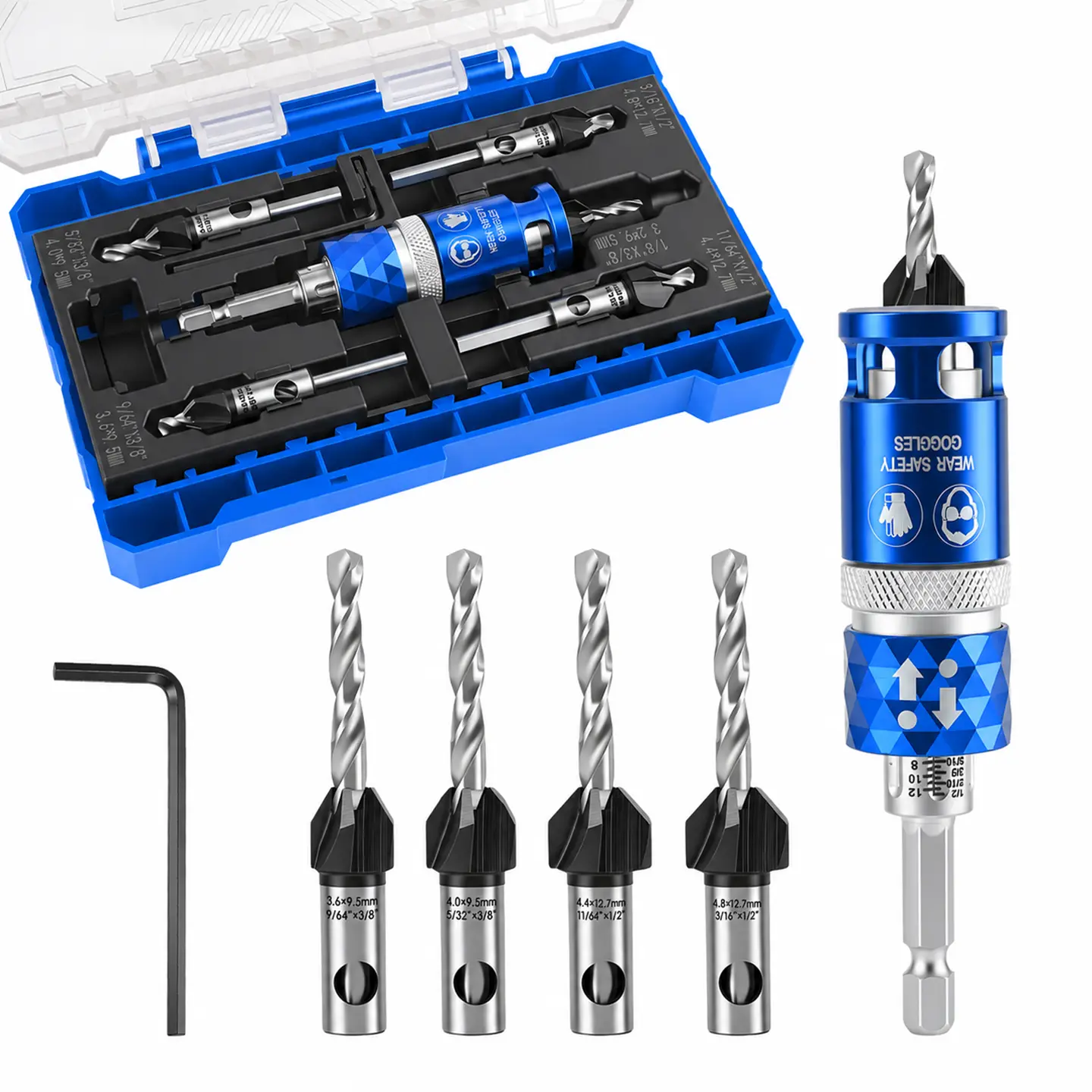 LOZLIN 4PCS Premium Countersink Drill Bit Set, 4-Blade High Carbon Steel with HSS Edges & Chip Design, Tapered Pilot Drill Bits, Quick Depth Adjusted Stop, 82° Countersink, L-Shape Wrench for Woodworking & DIY