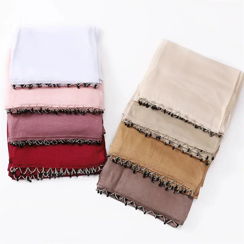 Fashion Modal Cotton Jersey Hijab Scarf with Handmade Beading Long Muslim Shawl...