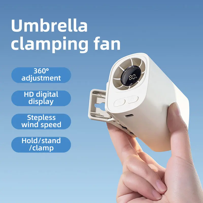 Clip-on Umbrella & Visor Fan for Travel & Stroller, 100-Speed Turbo Portable Fan with LED Digital Display, USB-C Rechargeable Small Desk Fan for Beach Umbrella, Golf Cart, Car, Office