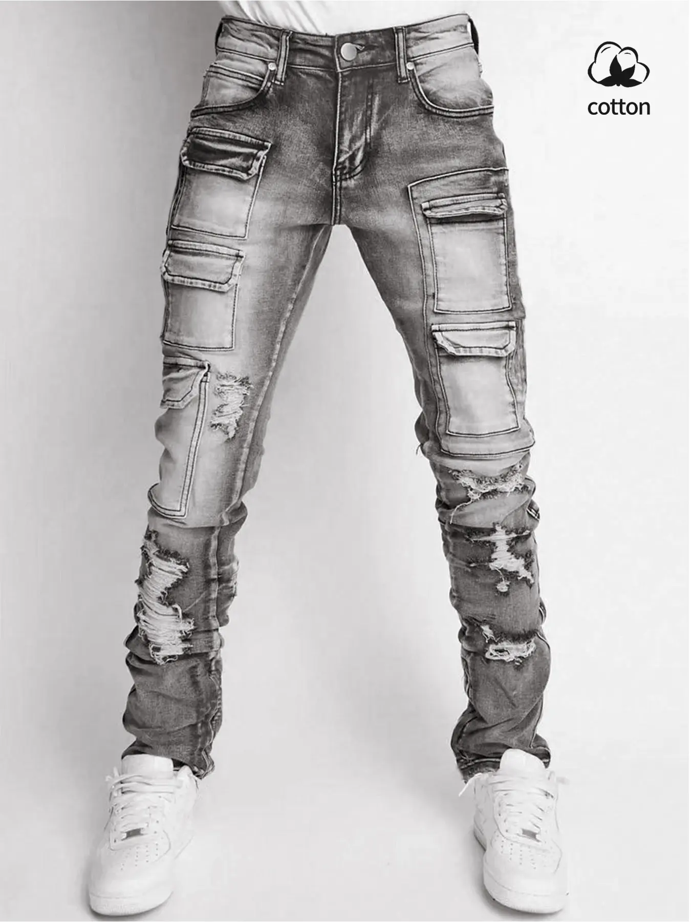 Multi-Pocket Utility Ripped Distressed Skinny Jeans, Elastic Mid-Waist Denim, Vintage Light Blue Washed Look, All-Season Casual Streetwear