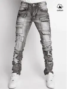Multi-Pocket Ripped Skinny Jeans, Elastic Mid-Waist Denim, Vintage Light Blue Washed Look, All-Season Casual Streetwear