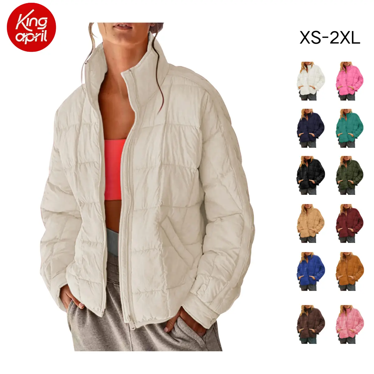Kingapril women’s down jacket with a turn-down collar and quilted design, lightweight loose casual outerwear with zipper closure and pockets, stylish and foldable