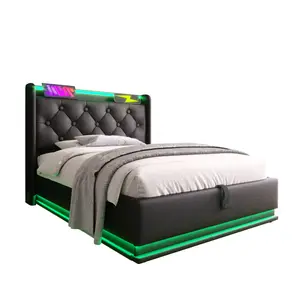 Bellemave Twin/Full/Queen/King Upholstered Bed with 360 LED Lighting, Hydraulic Storage, USB Charging, Black PU, Classic Tufted Headboard, Remote Control, Room Accessories Bed Frame