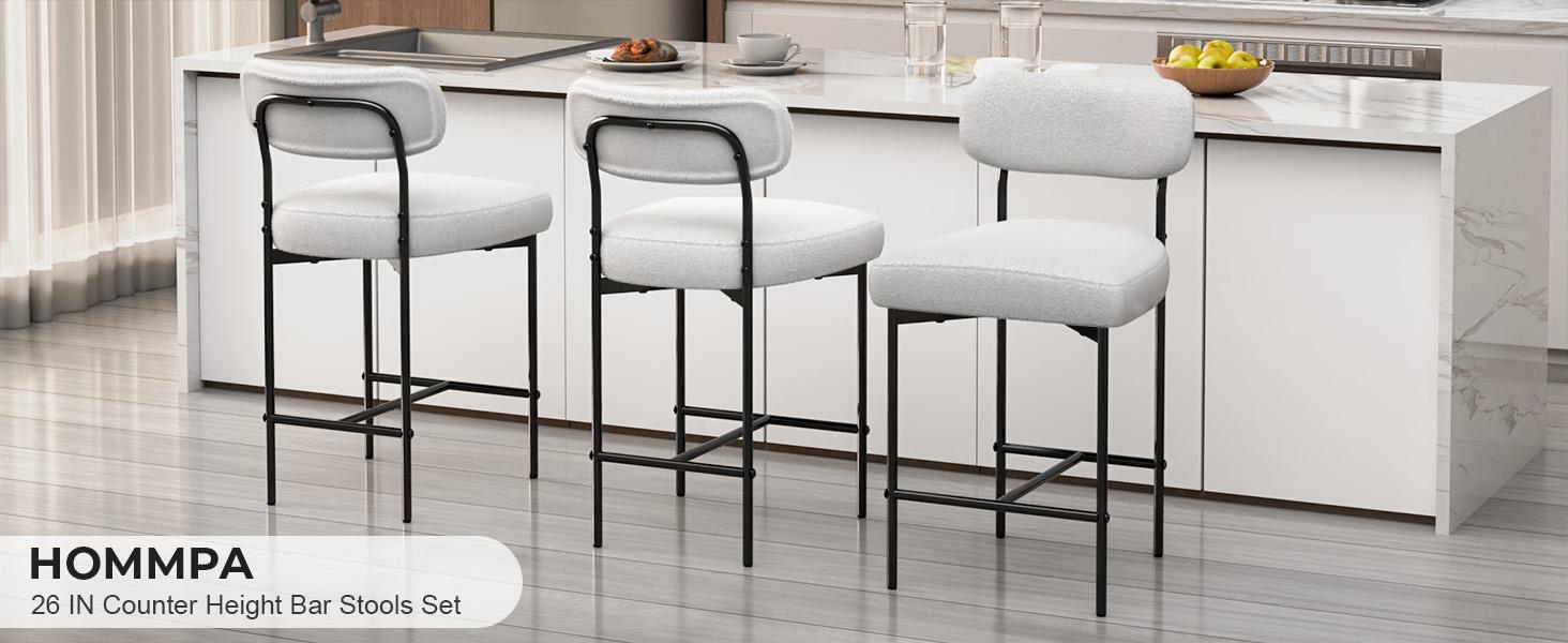 HOMMPA 26'' Bar Stools Set of 2 Boucle Counter Height Barstools Set Upholstered Modern Bar Stools Chairs with Back Metal Legs for Kitchen Island Counter White