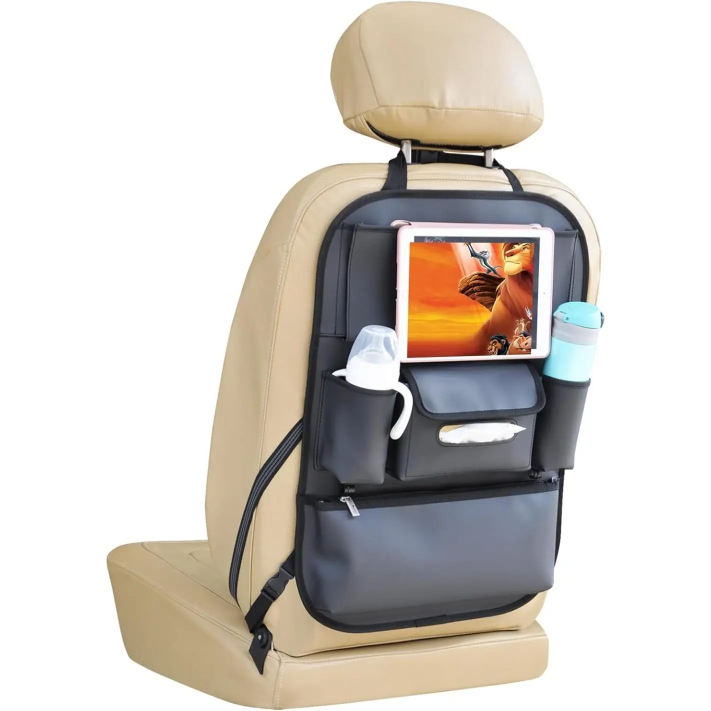 Seat Organizers Waterproof Backseat Protector with Pocket Large Leather Mats For Pets, Automobile, SUV, Truck (Black, Large Pocket), 1 Large Storage Box, 1 Pocket For Ipad