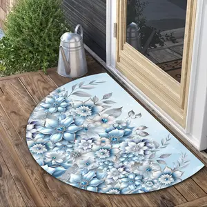 1Pc Blue&White Flowers Semi-Circular Mat, Washable Rugs, For Entrance Door, Bathroom, Living Room, Laundry Room, Home Decor, Soft, Non-Slip, Easy To Clean And Maintain, Kitchen Floor Mat, Kitchen Accessories, Kitchen Rugs, Gifts For Friends, Holiday Gifts