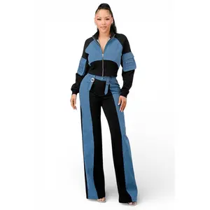 Mixed Material Denim Zip Up Crop Jacket Pants Set