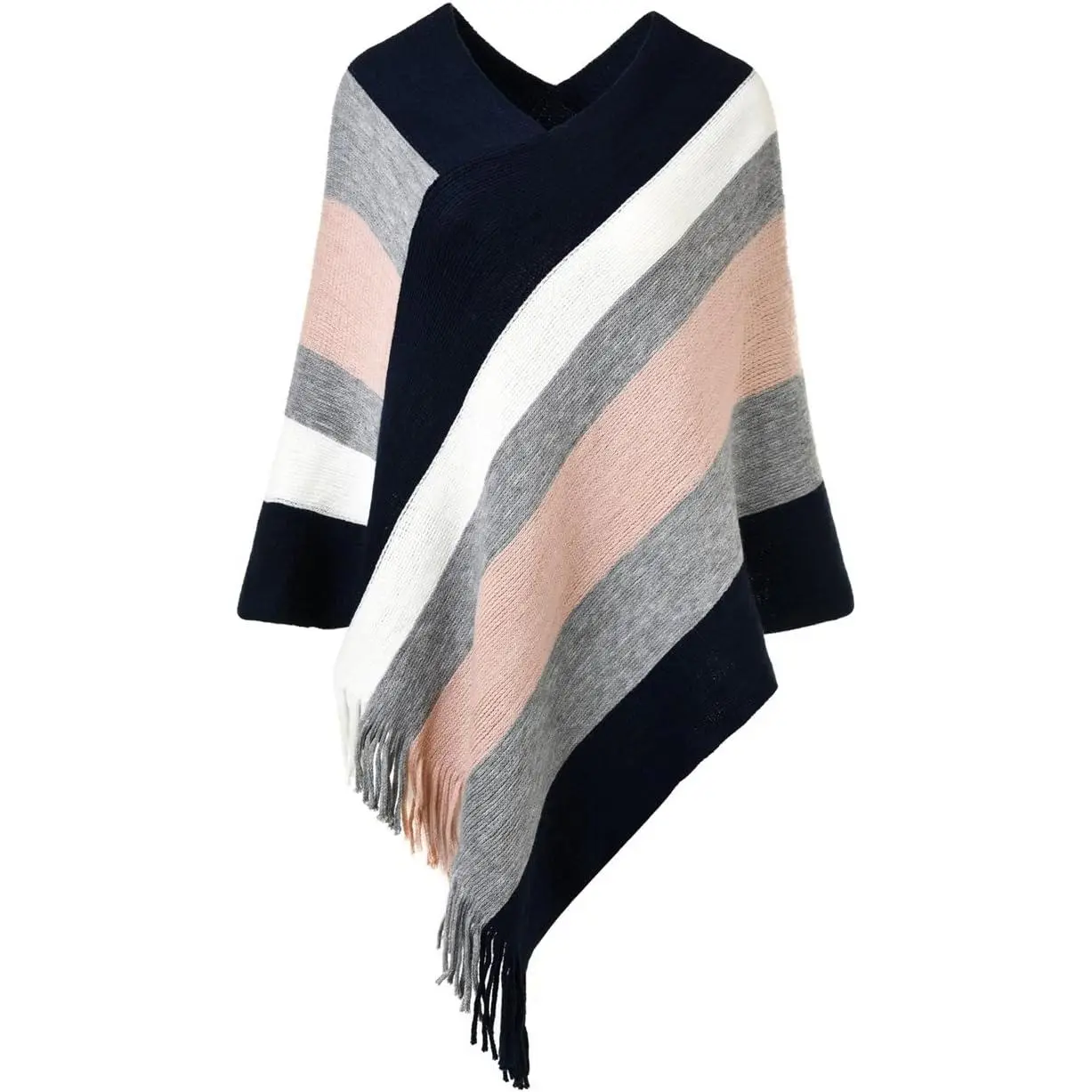 Women's Striped Poncho Sweater Cozy Knit Fringe Shawl Wraps for Fall Winter