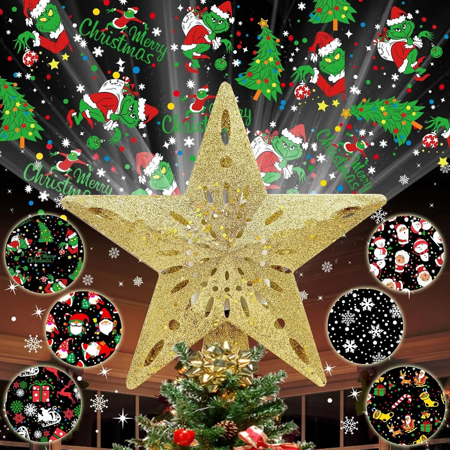 10" Lighted Christmas Tree Topper Star with 6 Projection Modes, Built-in LED Rotation Light, 3D Glitter Dynamic Projector Tree Top for Xmas Party Decorations Gift