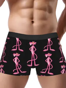 BIIHUDU Men'S Pink Panther Print Boxer Briefs - Stretchy Polyester Underwear with Playful Cartoon Design, Comfortable & Styli Soft Stretch Briefs