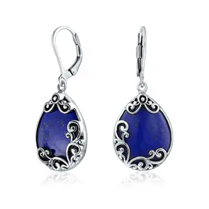 Blue Larimar Teardrop Dangle Earrings Scroll Setting .925 Sterling Silver Leverback