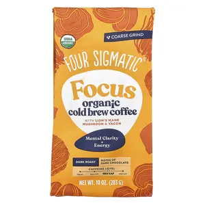 Four Sigmatic Focus, Organic Cold Brew Coffee With Lion's Mane, Mushroom & Yacon, Coarse Grind, Dark Roast, 10 oz (283 g)